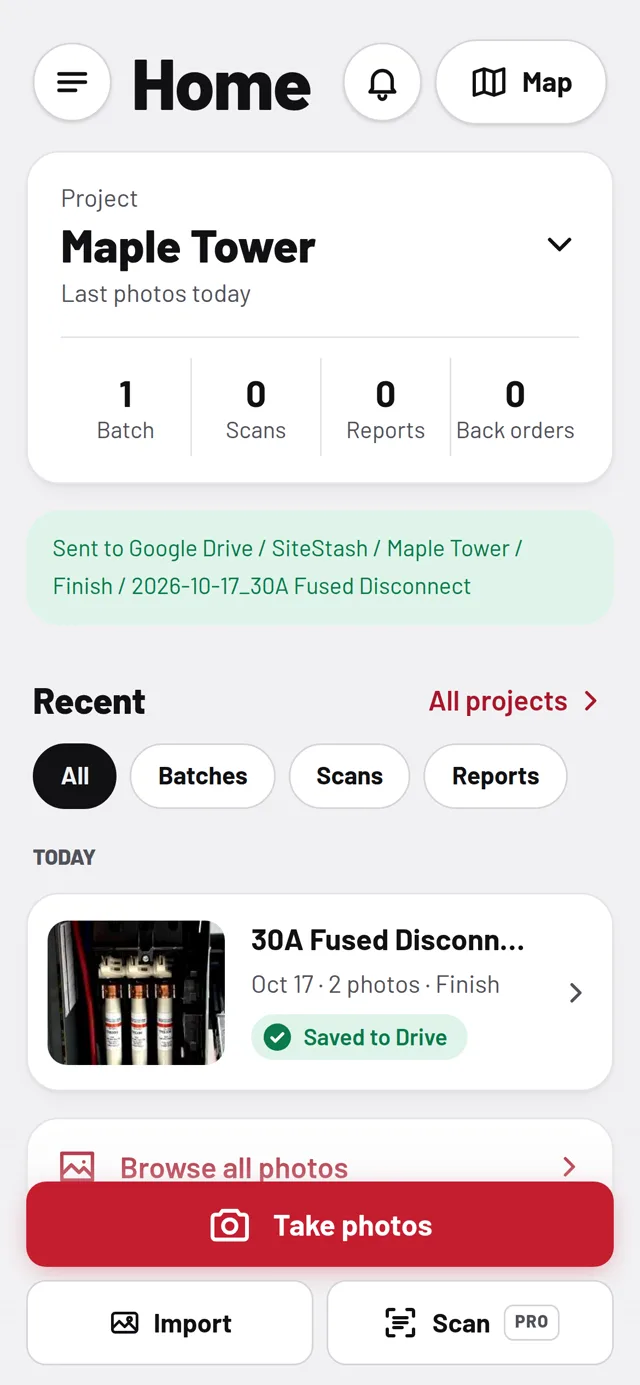 SiteStash's Home screen: the project, a batch just sent to Google Drive, and the Take photos button