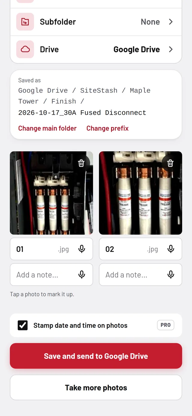 Naming a batch in SiteStash: where it will be filed, the photos, and Save and send to Google Drive